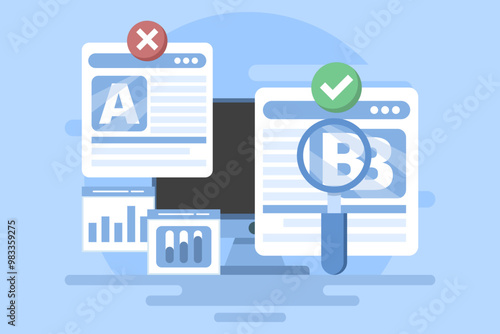 A and B testing concept, AB Testing landing page Website, AB Testing social media ads, AB testing analysis. flat vector illustration on background.