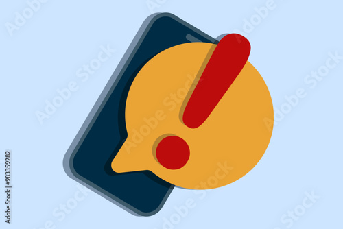Concept of warning notification with exclamation mark on smart device screen. Important reminder. Alert in email. Message on mobile phone. Smart phone with exclamation mark. Mobile phone notification.
