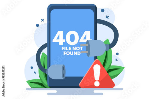 Concept of 404 error, System error, Broken page, Cable and socket, Page not found. Unplug system error. Flat vector illustration on background.
