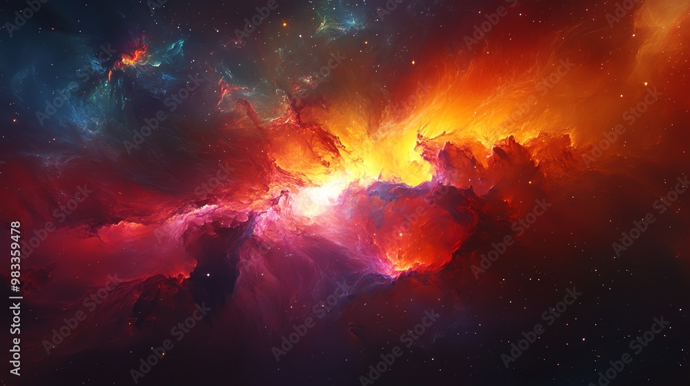 A swirling, colorful nebula in outer space with a fiery, orange center. A swirling, colorful nebula in outer space with a fiery, orange center.