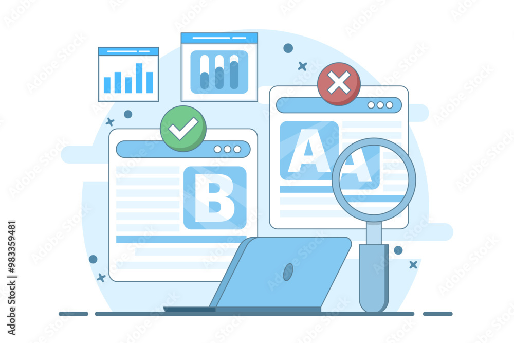 A and B testing concept, AB Testing landing page Website, AB Testing social media ads, AB testing analysis. flat vector illustration on background. A and B testing concept, AB Testing landing page Website, AB Testing social media ads, AB testing analysis. flat vector illustration on background.