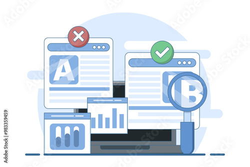A and B testing concept, AB Testing landing page Website, AB Testing social media ads, AB testing analysis. flat vector illustration on background.