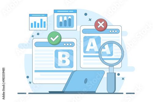 A and B testing concept, AB Testing landing page Website, AB Testing social media ads, AB testing analysis. flat vector illustration on background.