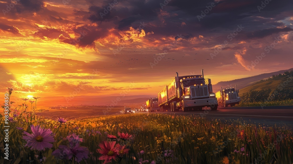 Fototapeta premium Trucks on a Scenic Road at Sunset