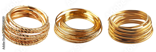  Set of stacked gold bangles isolated on transparent background