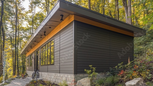 Wallpaper Mural A mountain biking lodge featuring rugged, textured fiber cement siding, blending with the natural forest surroundings while offering durability Torontodigital.ca