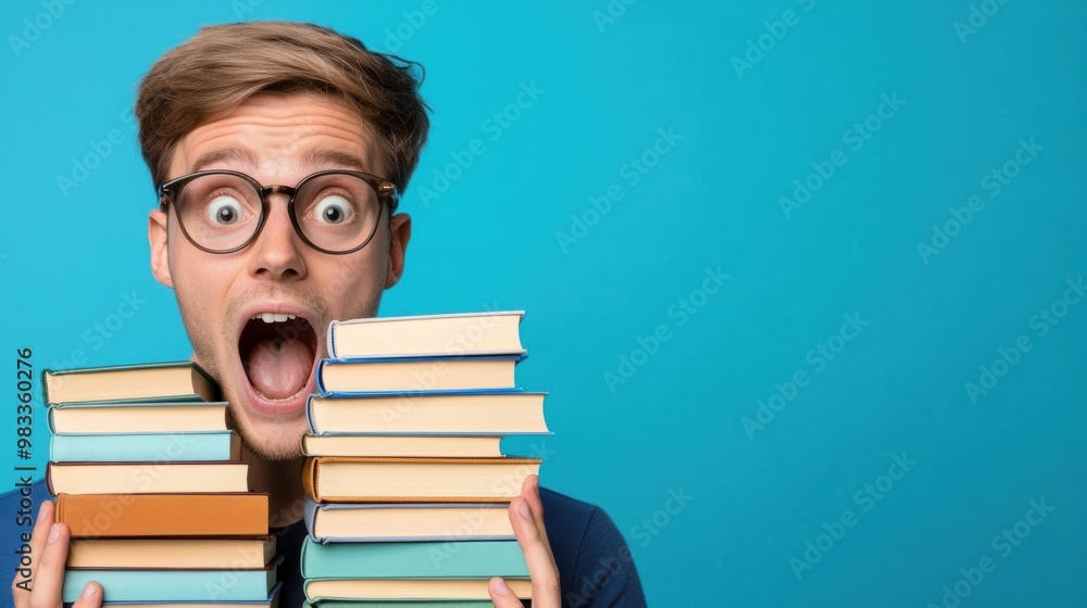 A man with glasses holding a stack of books in front of his face, AI A man with glasses holding a stack of books in front of his face, AI