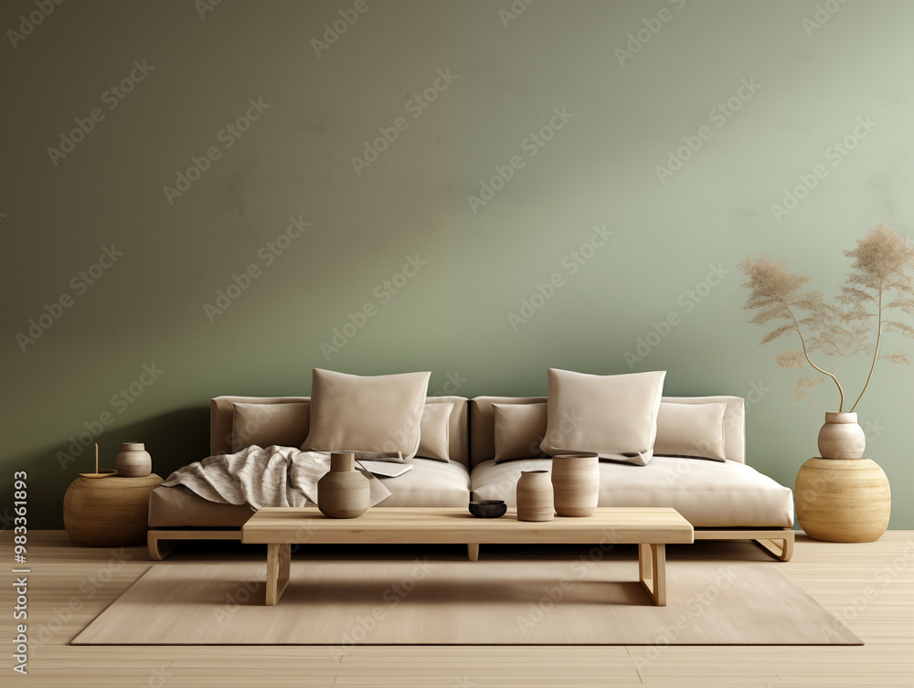Japandi rustic minimalist, wabi sabi style simple interior living room. Neutral couch against sage green wall with shelf and decor Japandi rustic minimalist, wabi sabi style simple interior living room. Neutral couch against sage green wall with shelf and decor