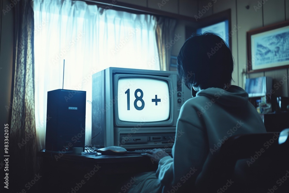 A Person Sitting in Front of an Old Computer with a 18+ Rating Displayed on the Screen A Person Sitting in Front of an Old Computer with a 18+ Rating Displayed on the Screen