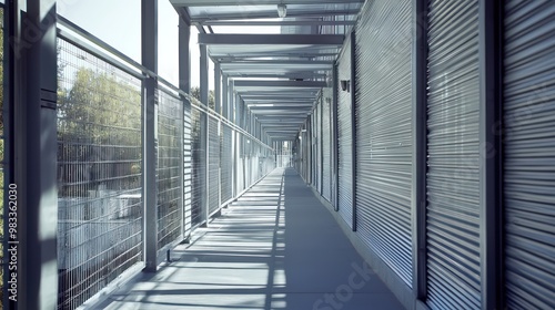 A network of elevated pedestrian walkways enclosed with aluminum siding, offering shelter and modern aesthetics to urban commuters in all weather conditions photo