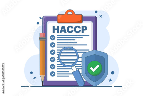 HACCP Concept. Critical Control Point Hazard Analysis with award or check mark. Food Safety warnings and guidelines in HACCP policy in healthcare sector. Flat vector illustration.