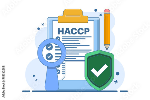 HACCP Concept. Critical Control Point Hazard Analysis with award or check mark. Food Safety warnings and guidelines in HACCP policy in healthcare sector. Flat vector illustration.