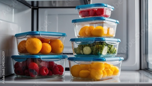 Fototapeta Naklejka Na Ścianę i Meble -  Various colorful fruits and vegetables stored in transparent containers inside a well-organized refrigerator.