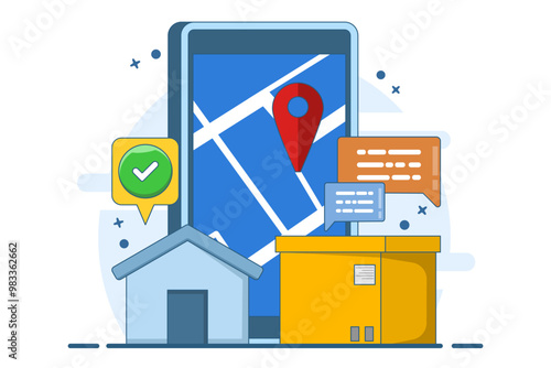 Global logistics concept, fast and accurate cargo delivery. Online delivery courier service or mobile application concept for tracking shipments on a smartphone with ready-made packaging. Illustration