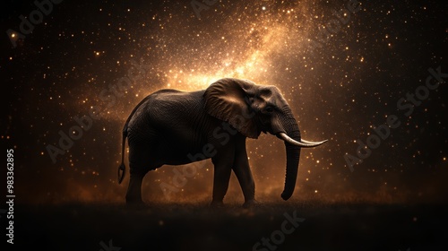 An elephant is silhouetted against a starry, cosmic backdrop, creating a dramatic and visually striking image, Ideal for themes of nature, wildlife conservation, or space exploration, photo