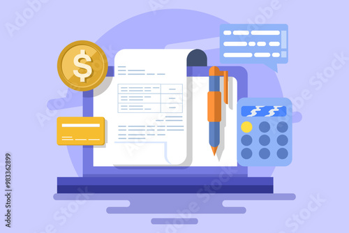 Online invoice maker concept, Send invoice online, Online bill payment, Business using accounting software to manage bills, invoice financial transaction data. flat vector illustration.