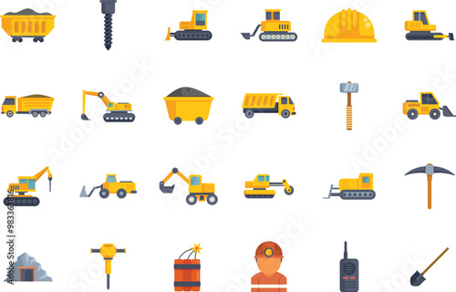 This set of icons represents various aspects of the mining industry, focusing on equipment and personnel involved in resource extraction