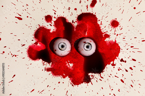 Spooky eyeball toys in a fake blood splatter pattern photo