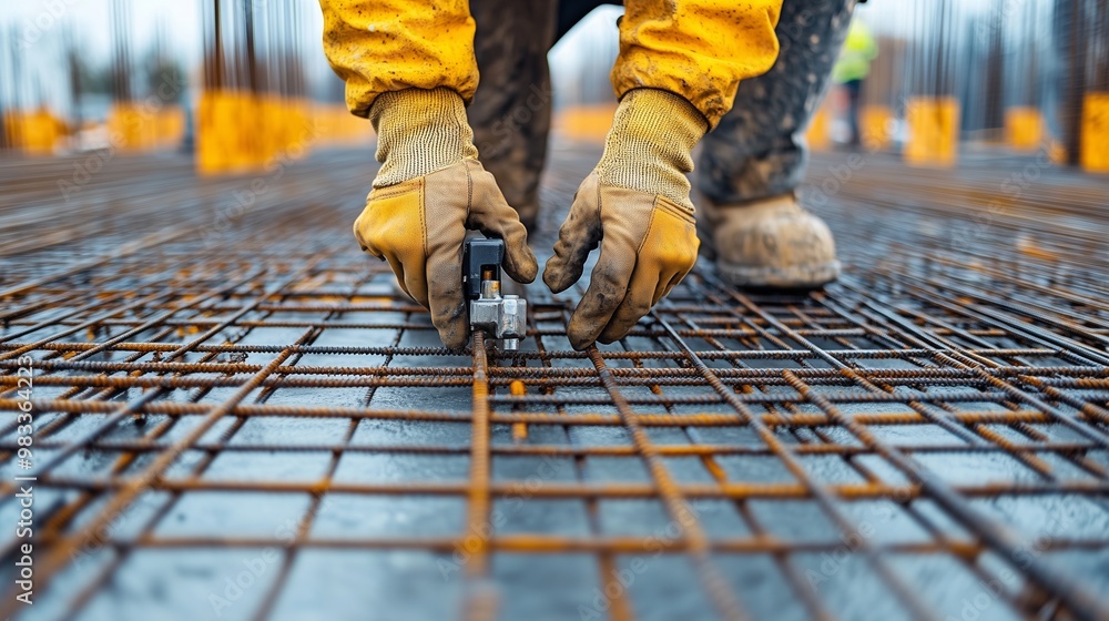 A close-up shot of a construction worker using a rebar tying tool to secure steel reinforcement bars (rebar) at a construction site. A close-up shot of a construction worker using a rebar tying tool to secure steel reinforcement bars (rebar) at a construction site.