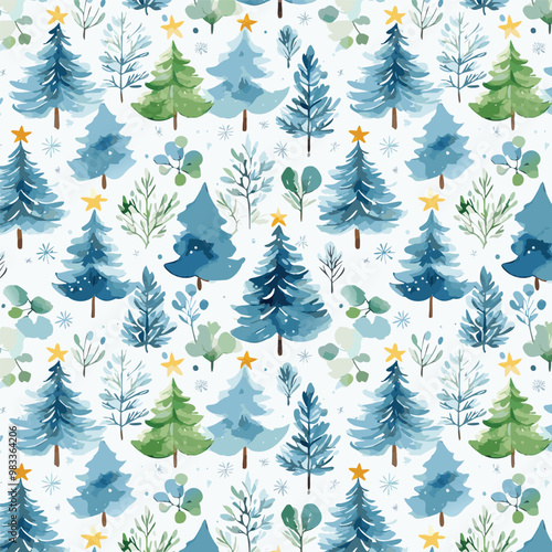A Beautiful Watercolor Christmas Tree Pattern Featuring Stars, Leaves and Nature Elements