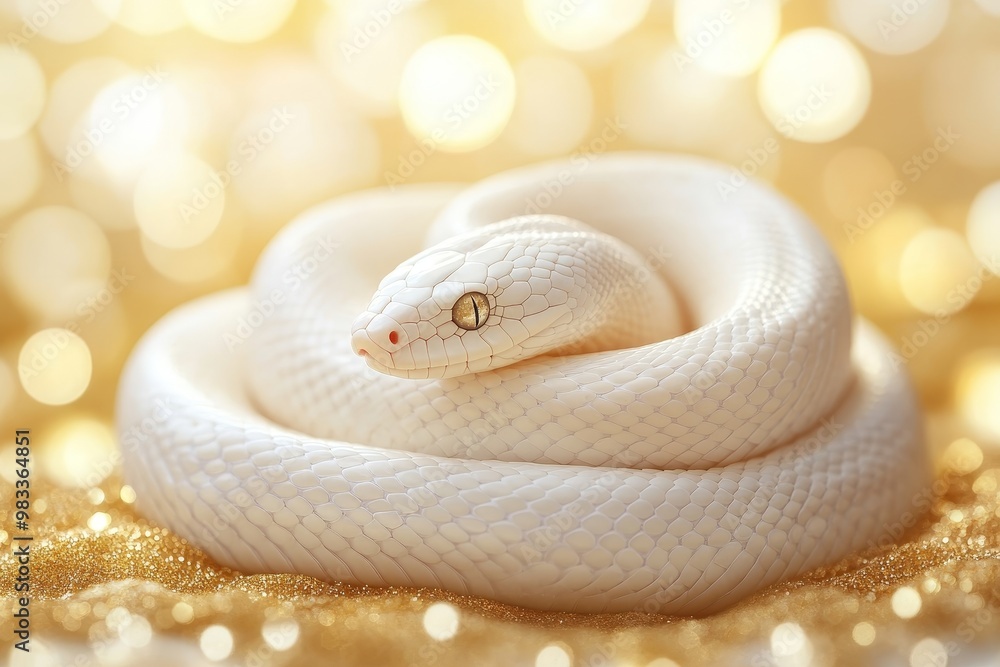 Fototapeta premium White Python Coiled on Gold Studio Portrait of a Serene Reptile with Sparkling Bokeh