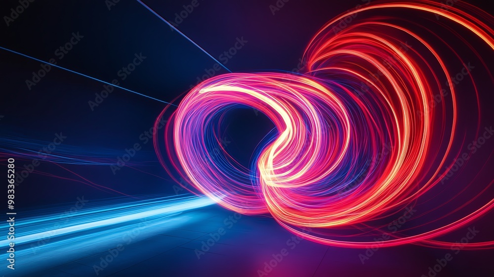 Abstract swirling light trails in red, orange, and blue against a dark background. Abstract swirling light trails in red, orange, and blue against a dark background.