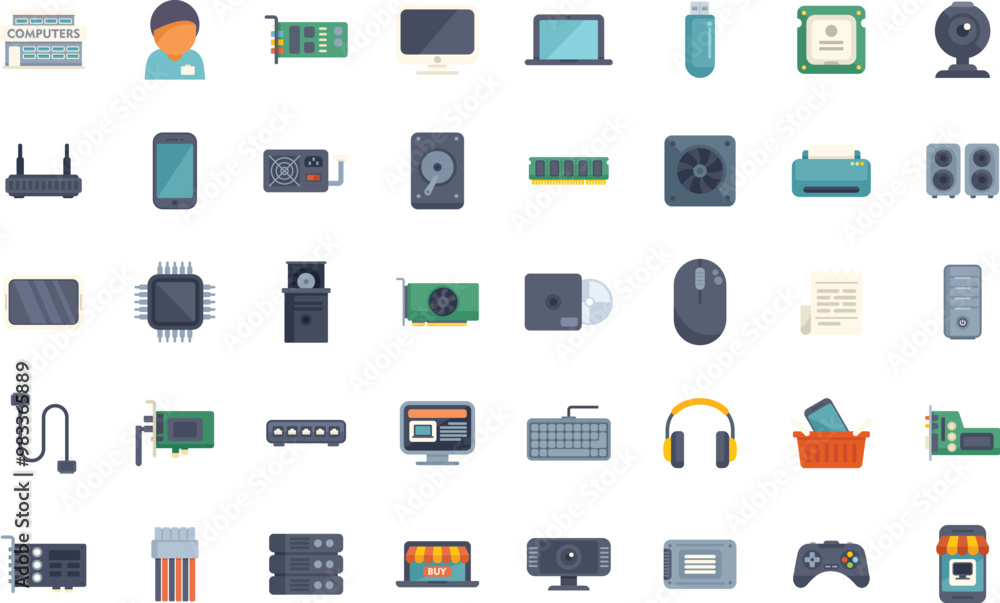 Computer hardware and software icons showing the modern technology used by a computer technician for work and leisure Computer hardware and software icons showing the modern technology used by a computer technician for work and leisure