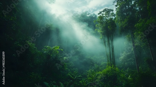 Enchanted forest with beams of sunlight filtering through