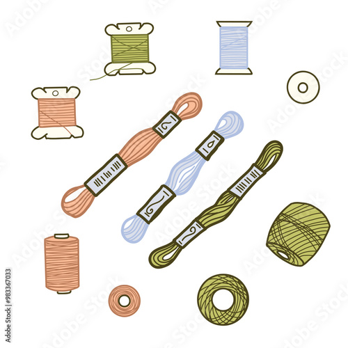 Threads and Spools for Sewing and Embroidery, Knitting or Macrame. Hand drawn colored Vector illustration of Skeins. Set for seamstress, handicraft in doodle style, isolated on white background.
