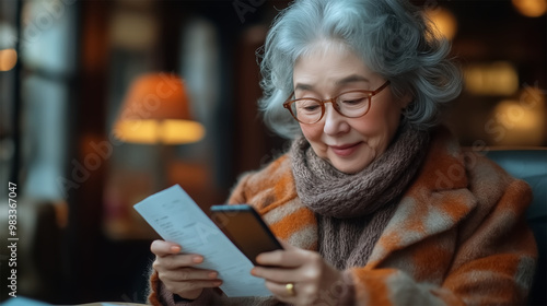 Elderly woman reading a letter while using smartphone in cozy indoor setting, warm lighting 