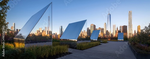 A public art installation of large, aluminum siding structures designed to capture and reflect the citya??s skyline, creating a dynamic interplay of art and urban architecture photo