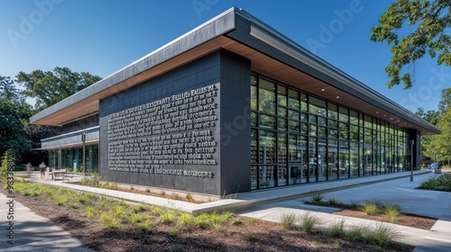 A public library expansion featuring a facade of literary quotes engraved into fiber cement siding, merging art with architecture