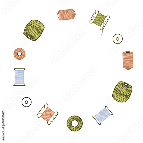 Threads Spools Wreath. Sewing or Needlework Circle Frame, Border for Handmade classes, handicraft. Hand drawn Vector illustration.