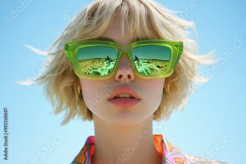 Portrait of a Young Woman Wearing Green Sunglasses