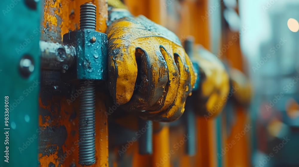 Obraz premium Close-up of a worker’s hands gripping industrial machinery, wearing protective yellow gloves.