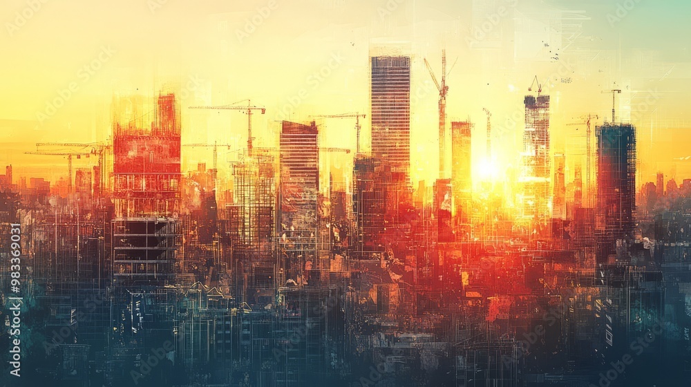 Fototapeta premium Urban Skyline at Sunset with Construction Silhouettes
