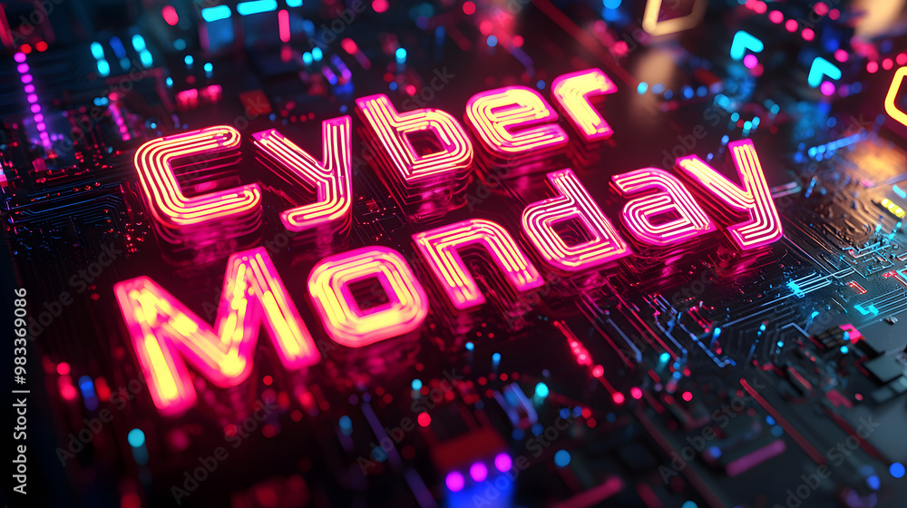 A striking visual displays the words Cyber Monday in bold neon colors, set against a backdrop of intricate digital circuitry, capturing the essence of online shopping excitement. A striking visual displays the words Cyber Monday in bold neon colors, set against a backdrop of intricate digital circuitry, capturing the essence of online shopping excitement.