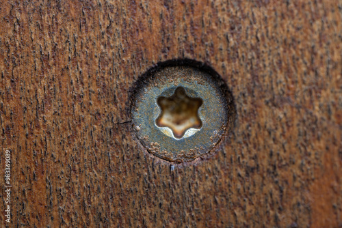 Detail of a torx head screw.
