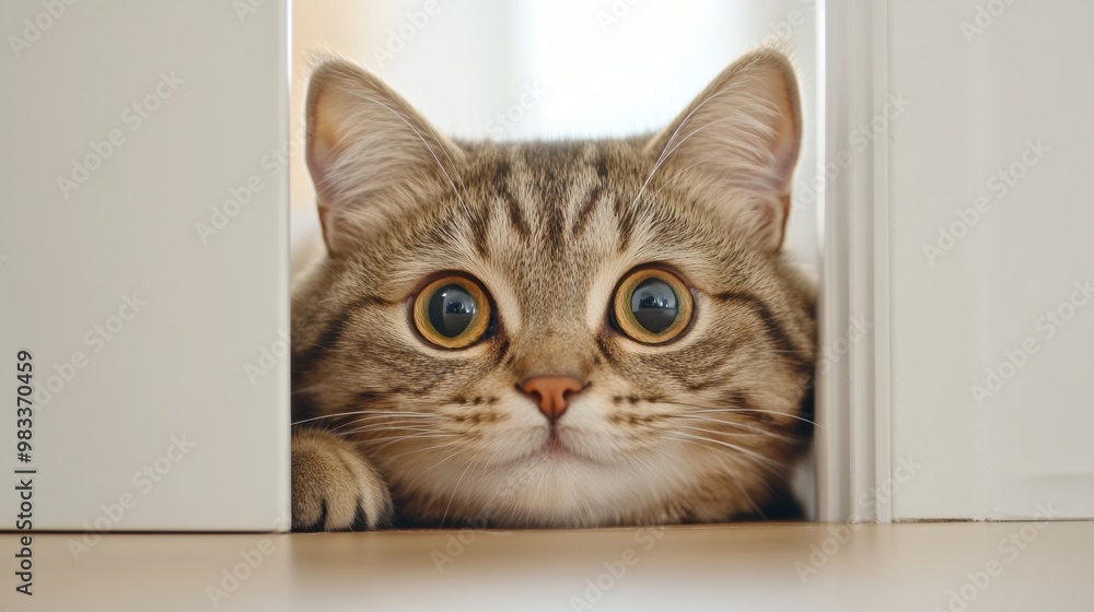 A cat peeking out from behind a door with its eyes open, AI A cat peeking out from behind a door with its eyes open, AI