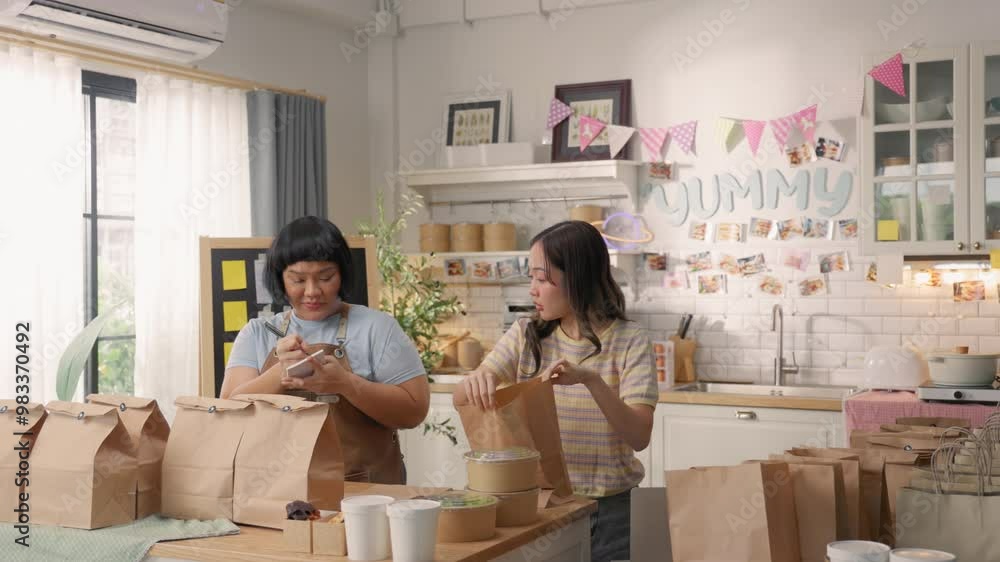 Two Asian women managing a rush of customer orders in a cloud kitchen for online food delivery service Two Asian women managing a rush of customer orders in a cloud kitchen for online food delivery service
