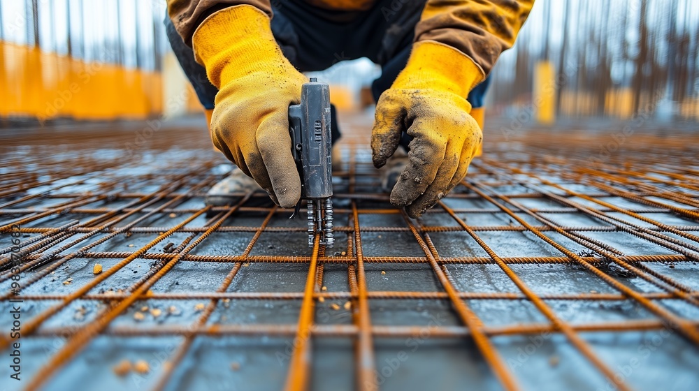 A close-up shot of a construction worker using a rebar tying tool to secure steel reinforcement bars (rebar) at a construction site. A close-up shot of a construction worker using a rebar tying tool to secure steel reinforcement bars (rebar) at a construction site.