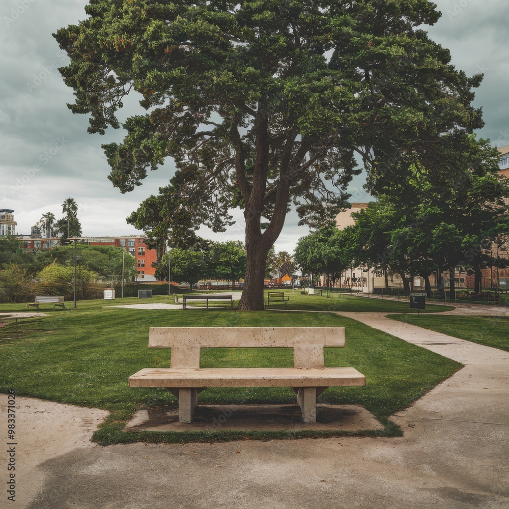 A photo of a concrete bench in a park. The bench is situated near a tree, with lush green leaves. There's a path leading to the bench. The background contains other benches and trees. A photo of a concrete bench in a park. The bench is situated near a tree, with lush green leaves. There's a path leading to the bench. The background contains other benches and trees.