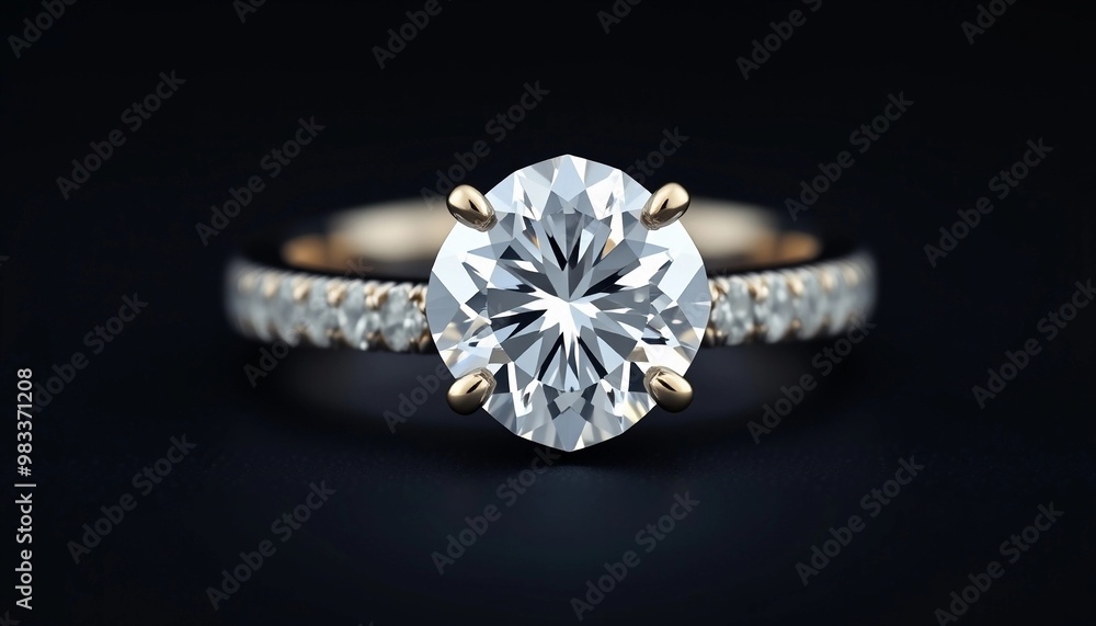 Elegant Solitaire Diamond Ring with Pave Diamond Band on a Black Background Elegant Solitaire Diamond Ring with Pave Diamond Band on a Black Background