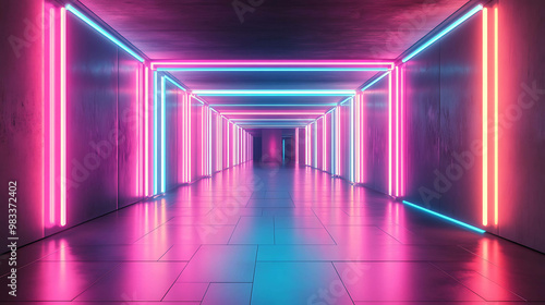 A futuristic corridor with bright neon lights in pink, blue, and red.