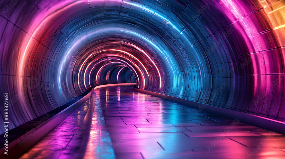 A brightly lit tunnel with neon lights and a reflective floor. A brightly lit tunnel with neon lights and a reflective floor.