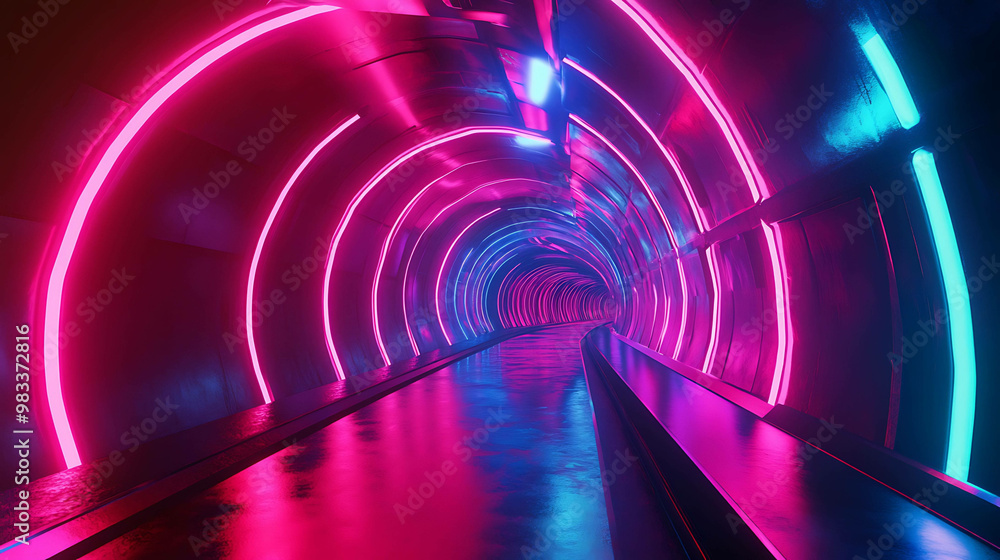 A futuristic tunnel with pink and blue neon lights. A futuristic tunnel with pink and blue neon lights.