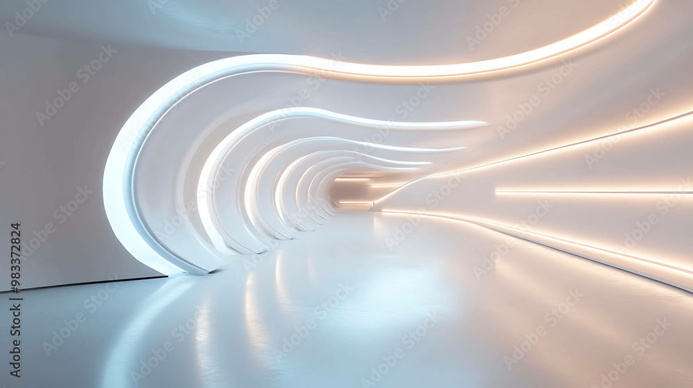 A white futuristic tunnel with glowing lines. A white futuristic tunnel with glowing lines.
