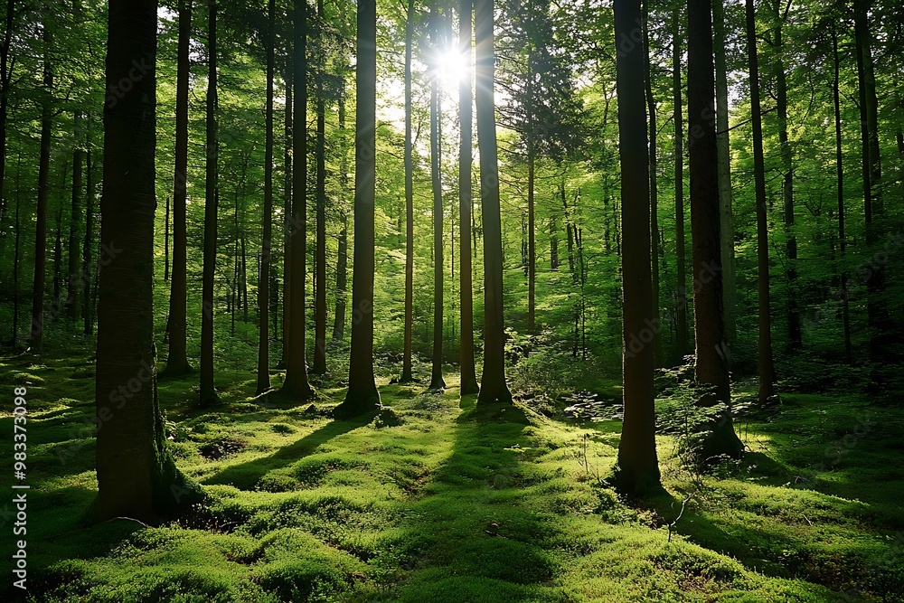 Obraz premium Sunlight shining through the trees in a lush green forest