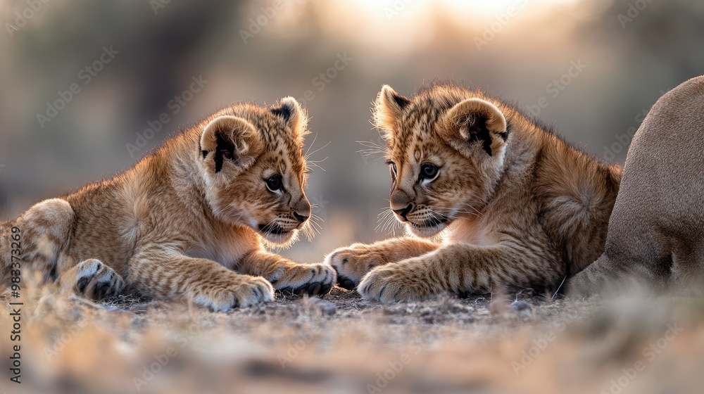 Fototapeta premium Two playful lion cubs engage in a curious stare, set against a soft, blurred background, This image captures the innocence of wildlife, ideal for educational materials, blogs