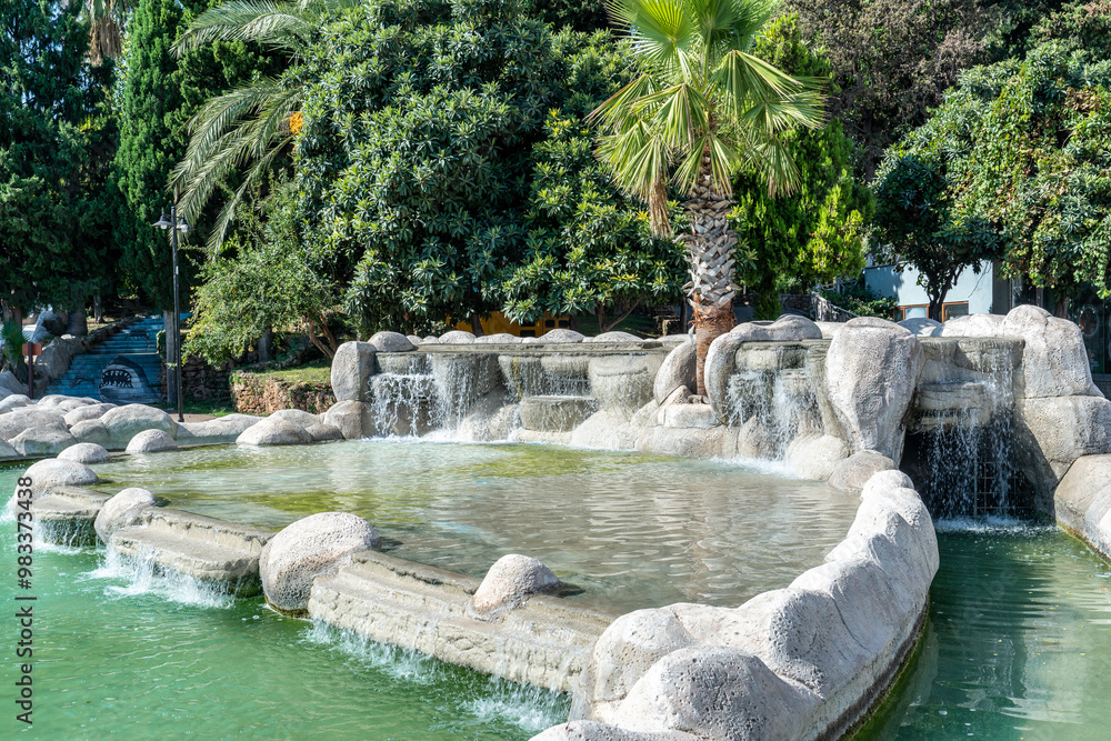 Obraz premium Touristic Antalya city Muratpaşa district, Lara road, water pools and public parks on the rocks with sea views.